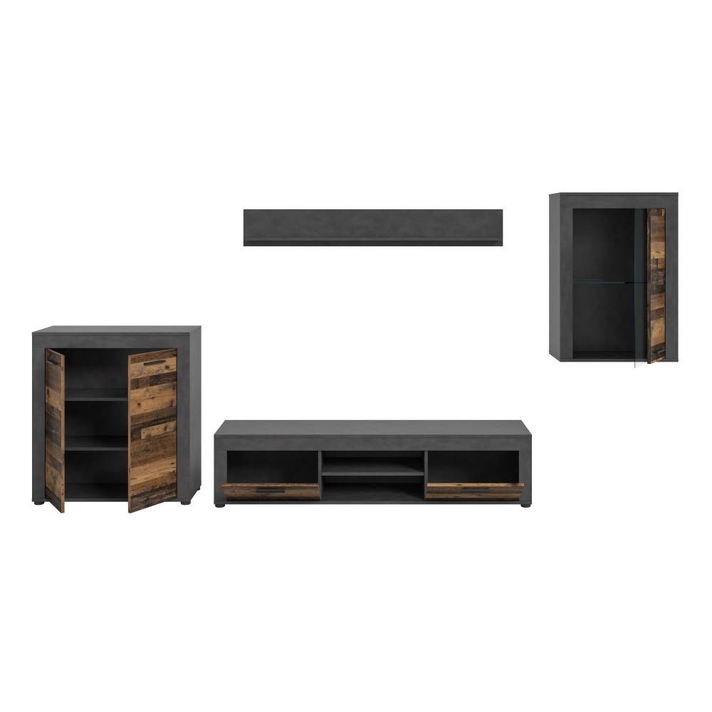 Vierteilige Anbauwand mit TV-Board, Hängeschrank, Regal und Kommode in Matera NB und Old Wood NB – Istrewy