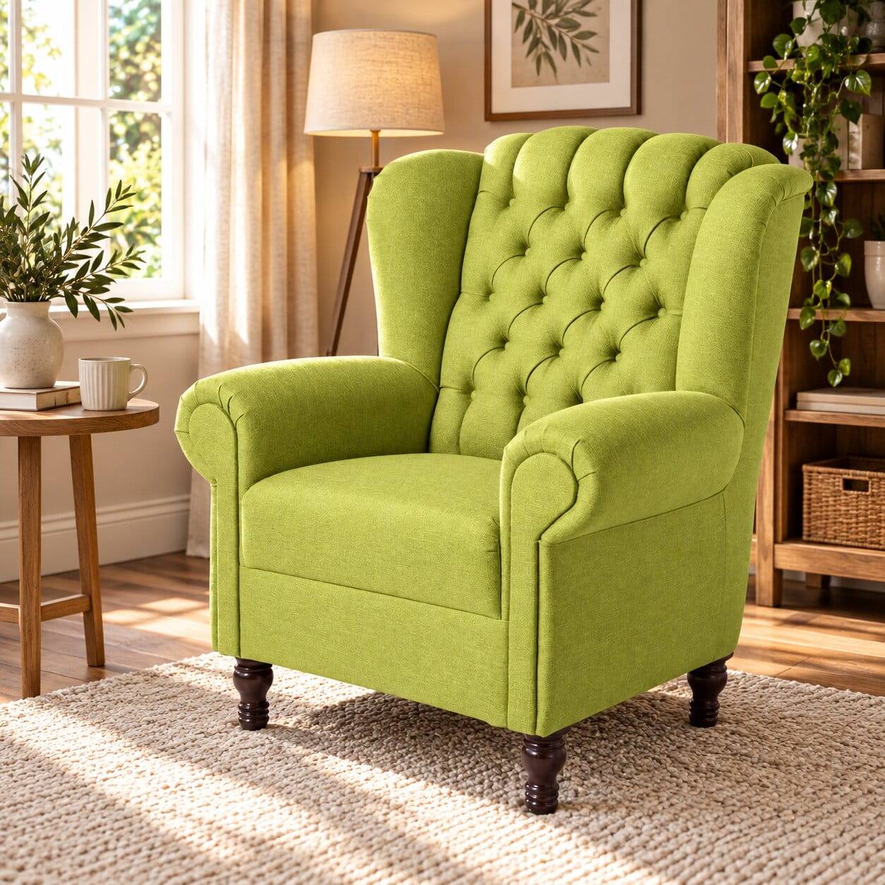 Chesterfield Sessel in Gelbgrün und Nussbaum - Prenza