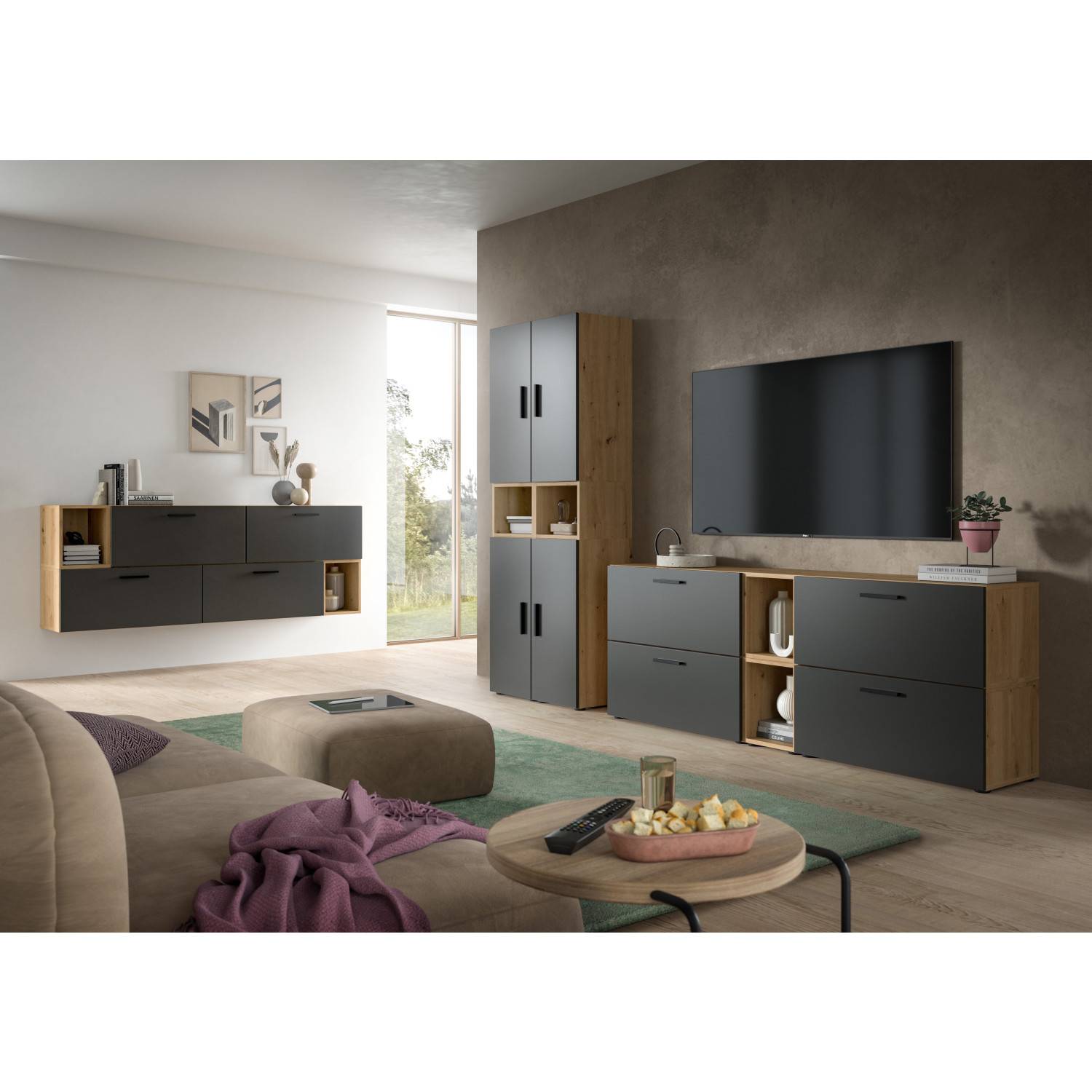 TV Lowboard in Anthrazit-Holzoptik kombiniert mit passenden Wohnzimmermöbeln – Estoron