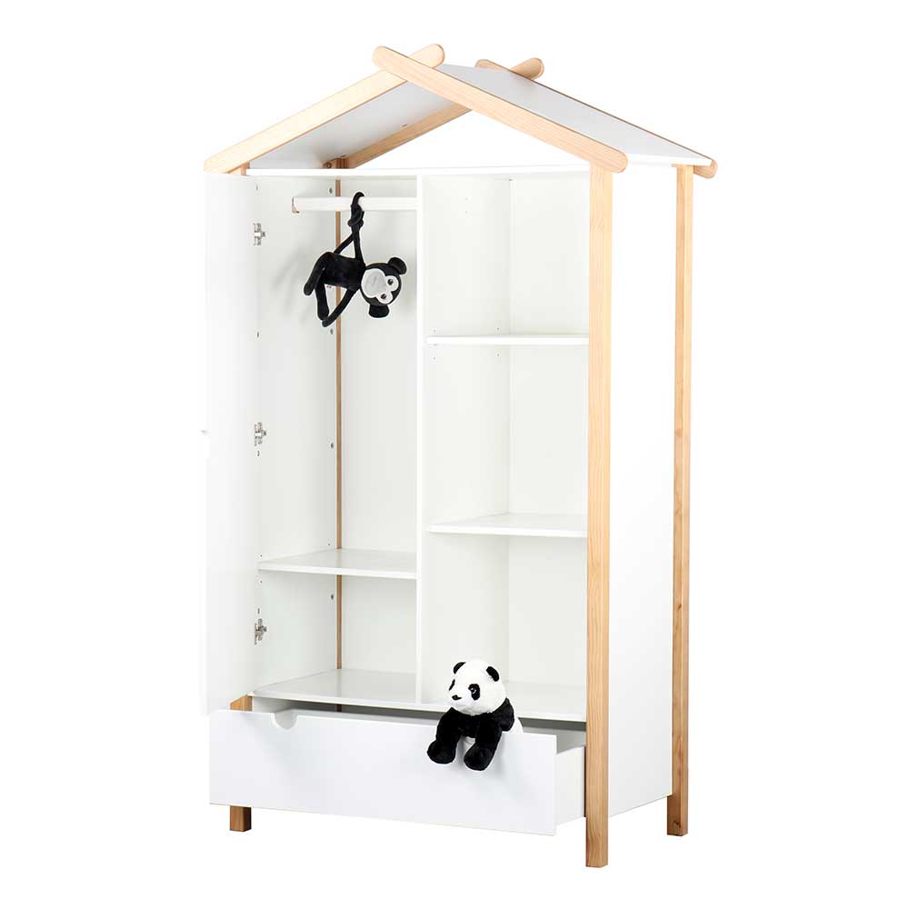 Weißer Kinderzimmerschrank im Haus-Stil mit offener Tür, Kleiderstange und ausgezogener Schublade – Vathurias