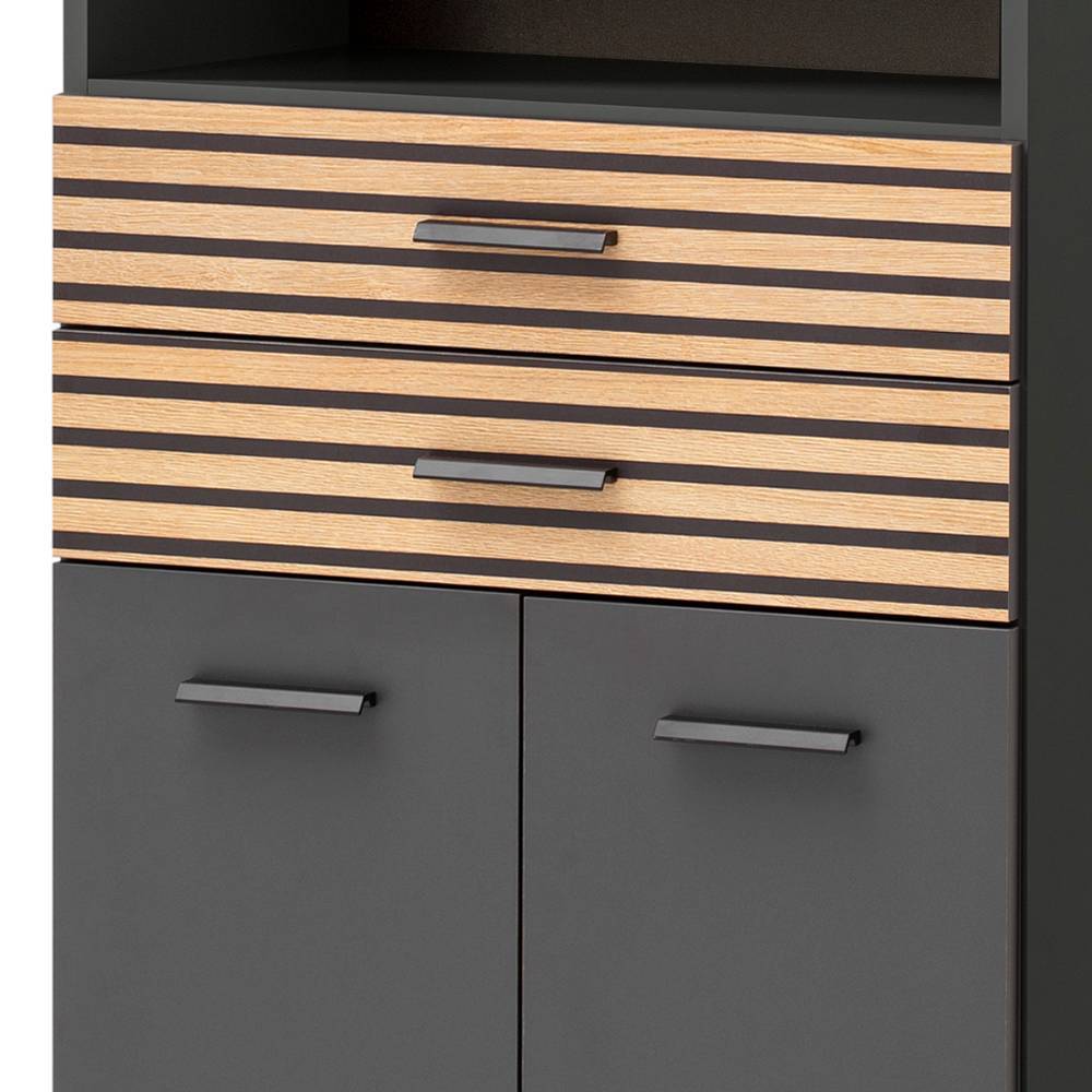 Badschrank mit zwei Schubladen in Holzoptik und zwei anthrazitfarbenen Türen – Zyrian
