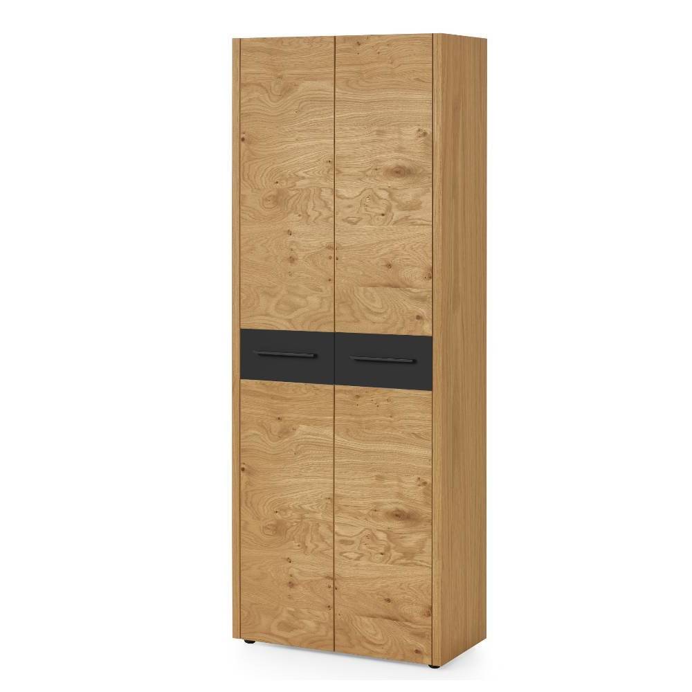 Hoher Garderobenschrank aus Eichenholz mit mittigen schwarzen Akzenten und schwarzen Metallgriffen – Lavenci