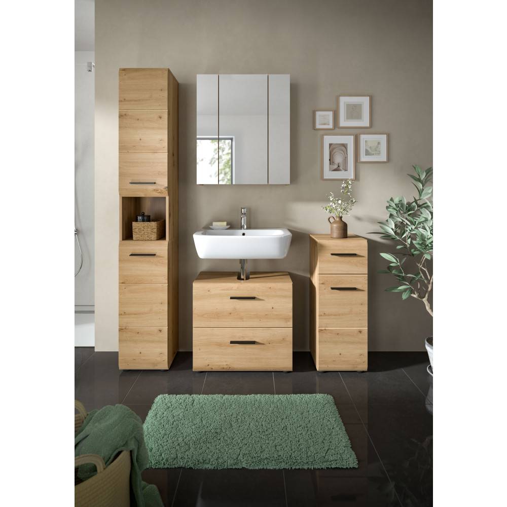 Modernes 4-teiliges Badmöbel Set in Eiche Holzdekor mit Waschtisch und Spiegelschrank für das Badezimmer – Canopus