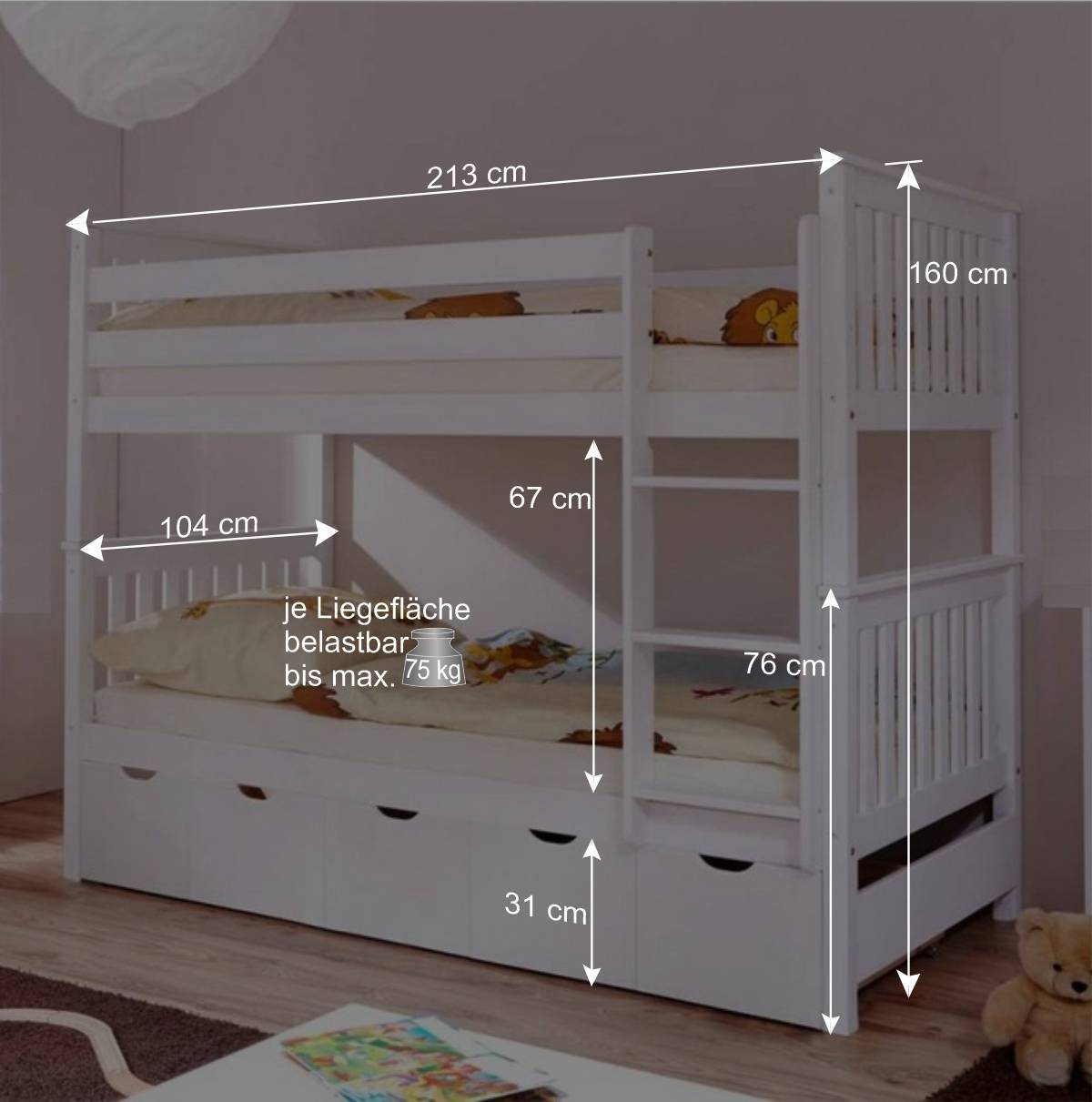 Weißes Stockbett aus Massivholz Kiefer Huelca mit 5 Schubkästen