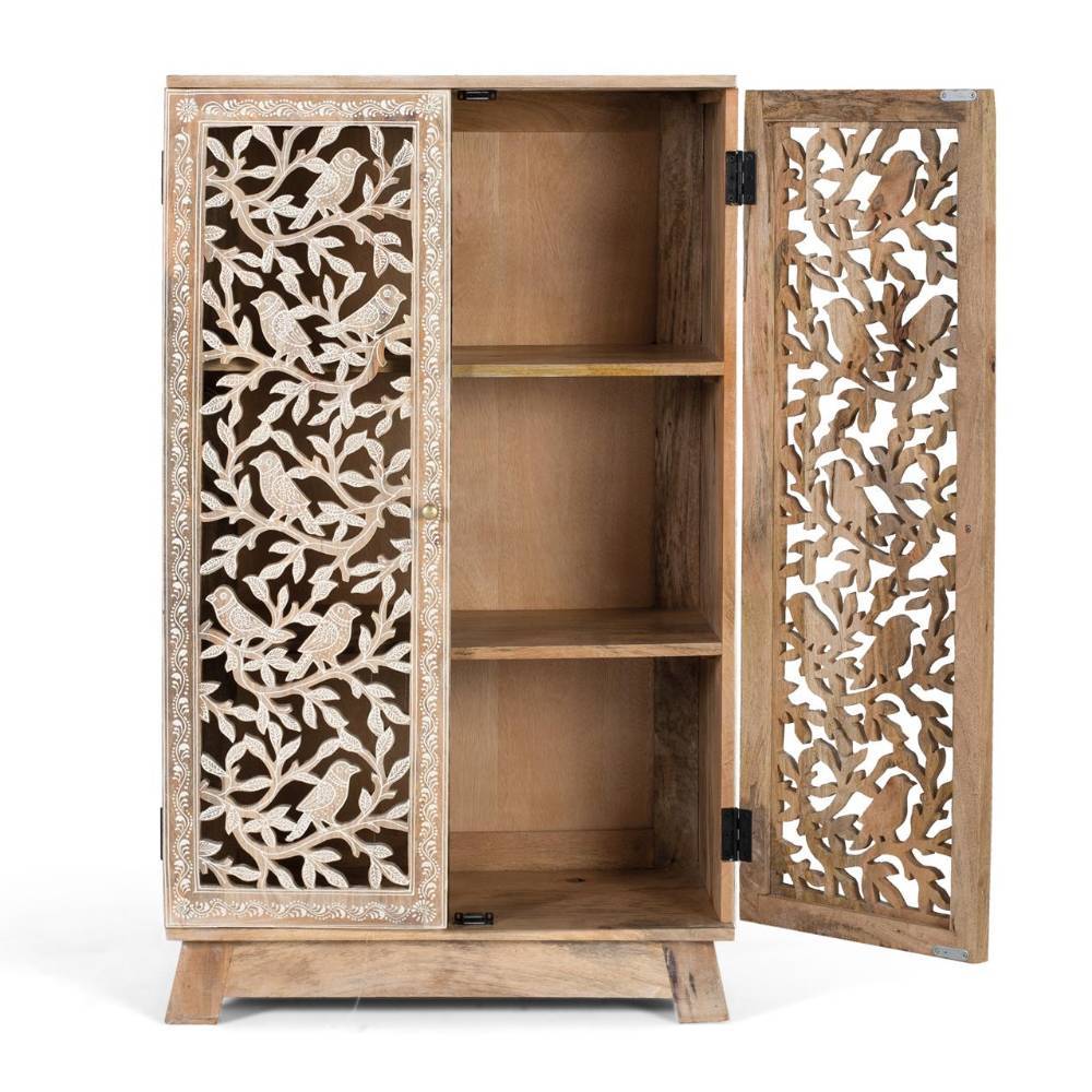 Holz Highboard mit offener rechter T 00fcr, zwei Einlegeb 00f6den und handgeschnitzten Vogelmotiven 002 002 Nowy