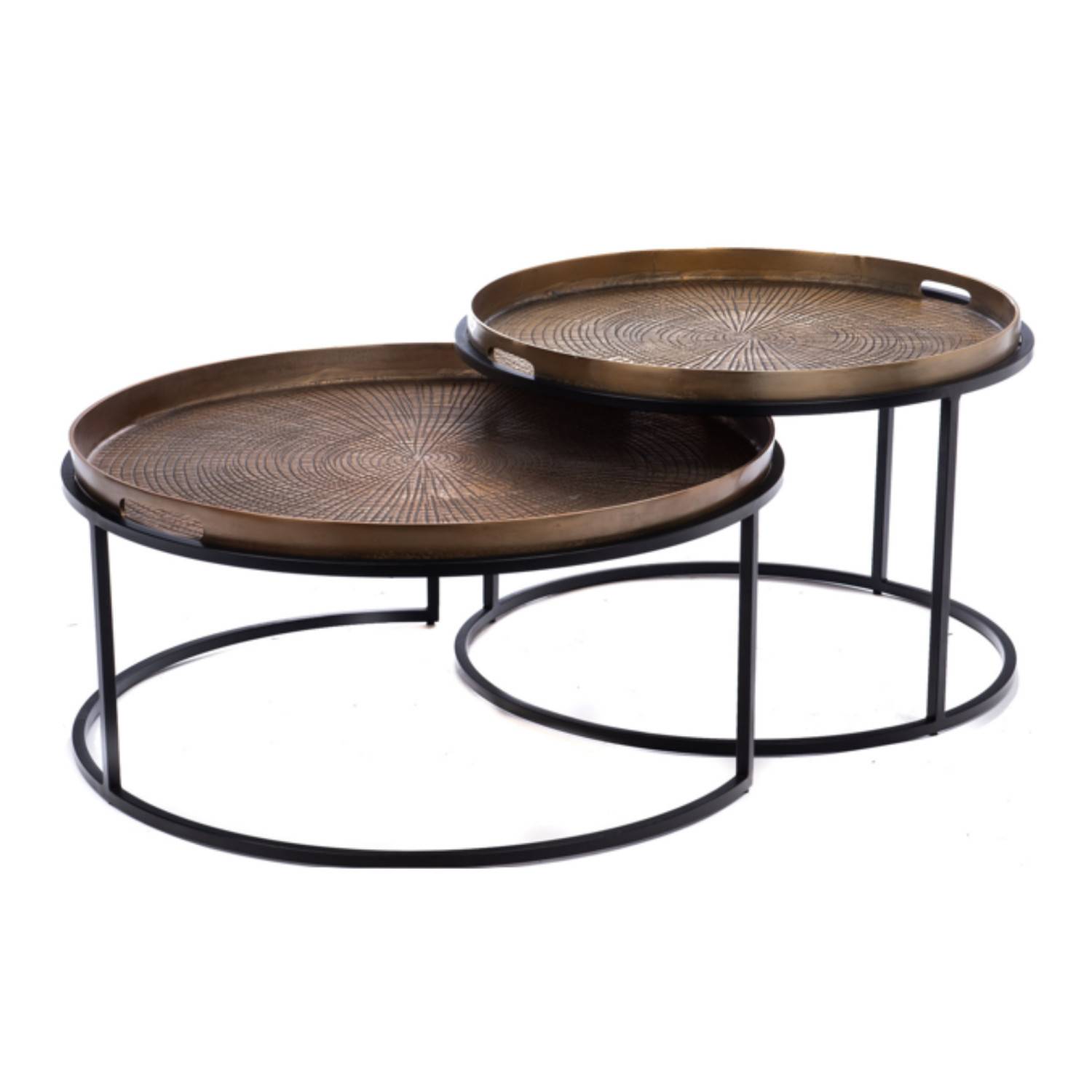 Rundes 2er Set Couchtische mit bronzefarbenen Tabletts und schwarzen Metallfüßen für das Wohnzimmer – Spid