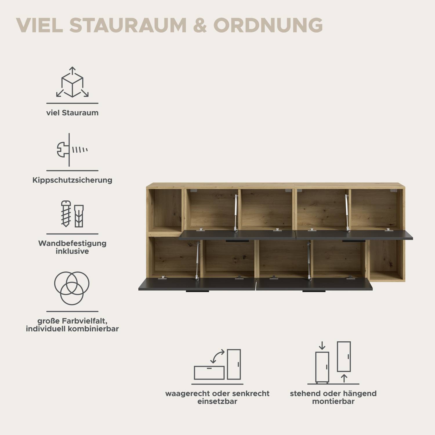 TV Lowboard in Holzoptik Anthrazit mit viel Stauraum und vielseitigen Montageoptionen – Estoron
