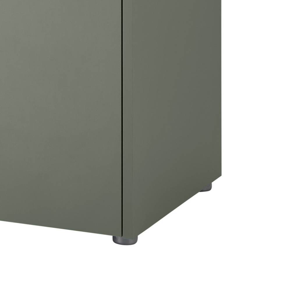 Detail der stabilen Füße des graugrünen Dielenschranks in minimalistischem Design – Socotta