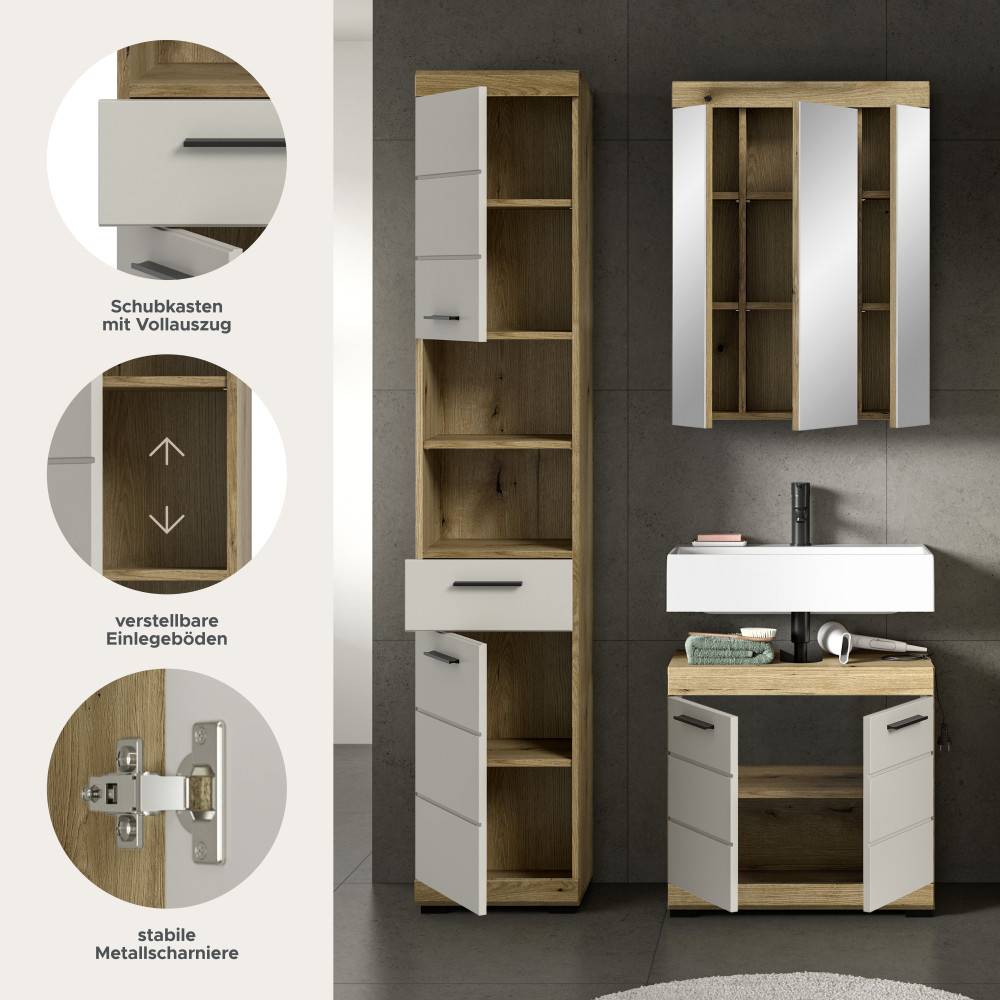 Badmöbel Casserra Details: Schubkasten mit Vollauszug, verstellbare Einlegeböden und stabile Metallscharniere – Casserra