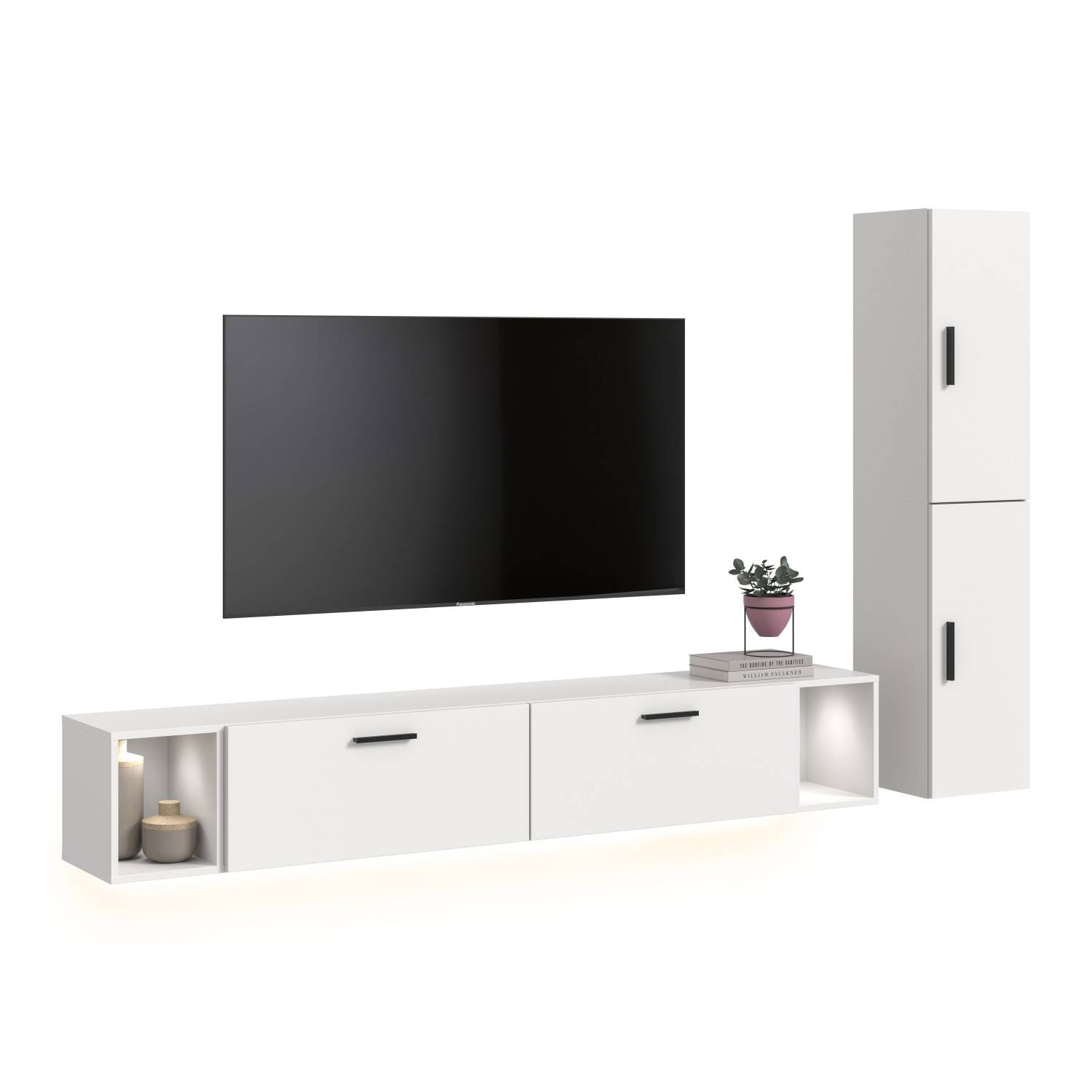 Weiße Wohnwand mit schwebendem TV-Lowboard und hohem Hängeschrank für das Wohnzimmer – Actionsa