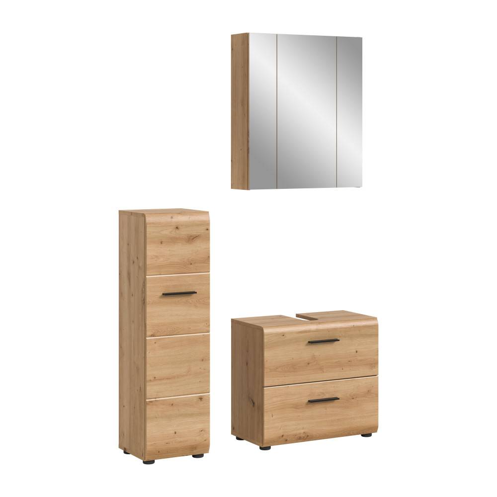 Dreiteiliges Badezimmer-Set in Eichenholzoptik mit geschlossenen Schränken und Spiegelschrank – Canopus