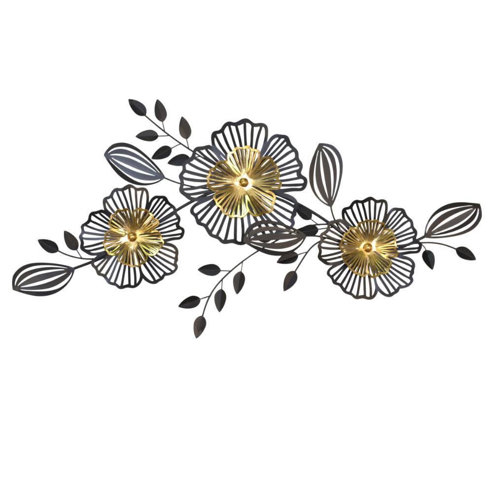 Schwarze Metall-Wanddekoration mit drei goldenen Blüten und Blättern für Wohnzimmer – Satyno