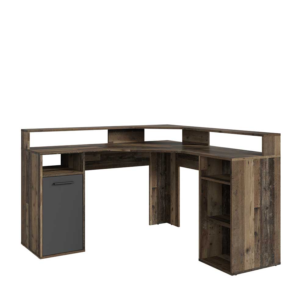 Funktionaler Eckschreibtisch in Altholz Optik mit geschlossenem Schrank und Seitenregalen – Asalion