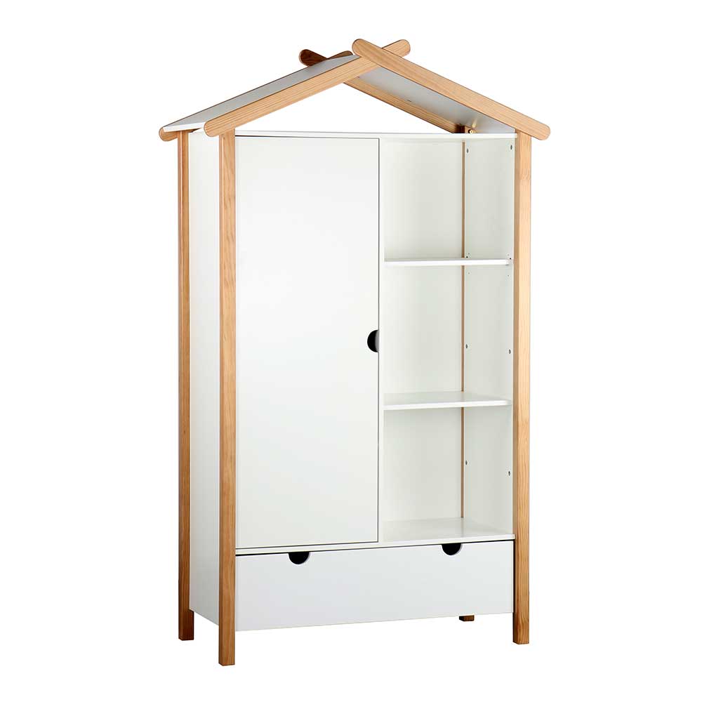 Kinderkleiderschrank weiß im Haus Design mit Holzrahmen, Tür, offenen Fächern und Schubladen – Vathurias