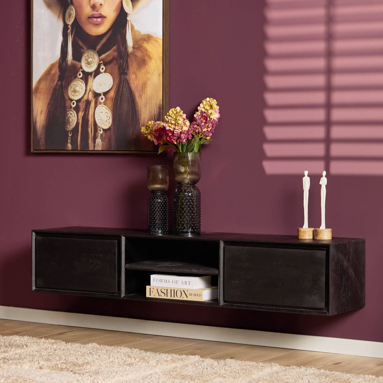 Elegante schwarze TV Kommode aus Mangoholz zur Wandmontage – Rondra