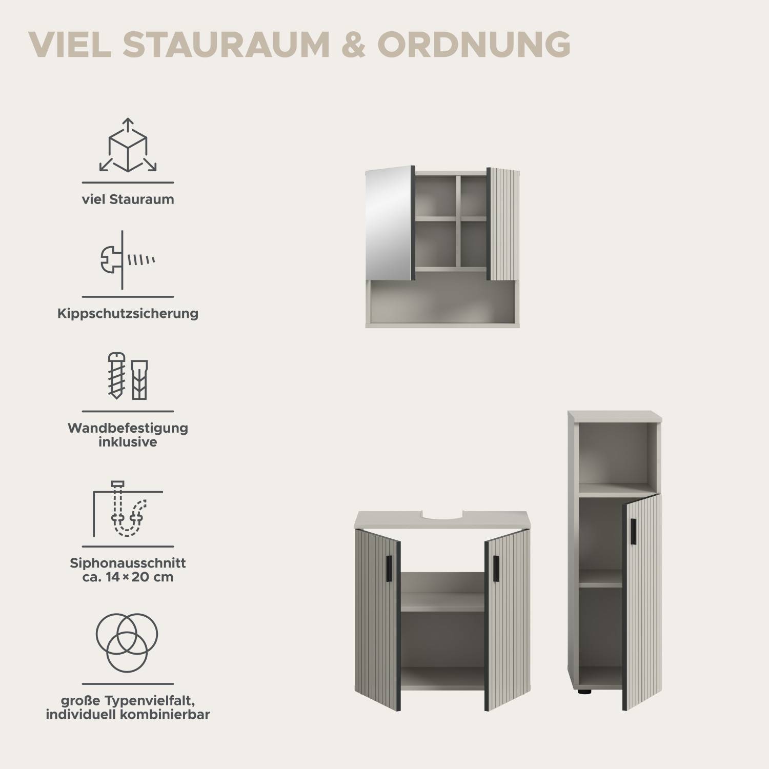 Viel Stauraum, Kippschutz, Wandbefestigung und Siphonausschnitt für Badmöbel Set – Loktos