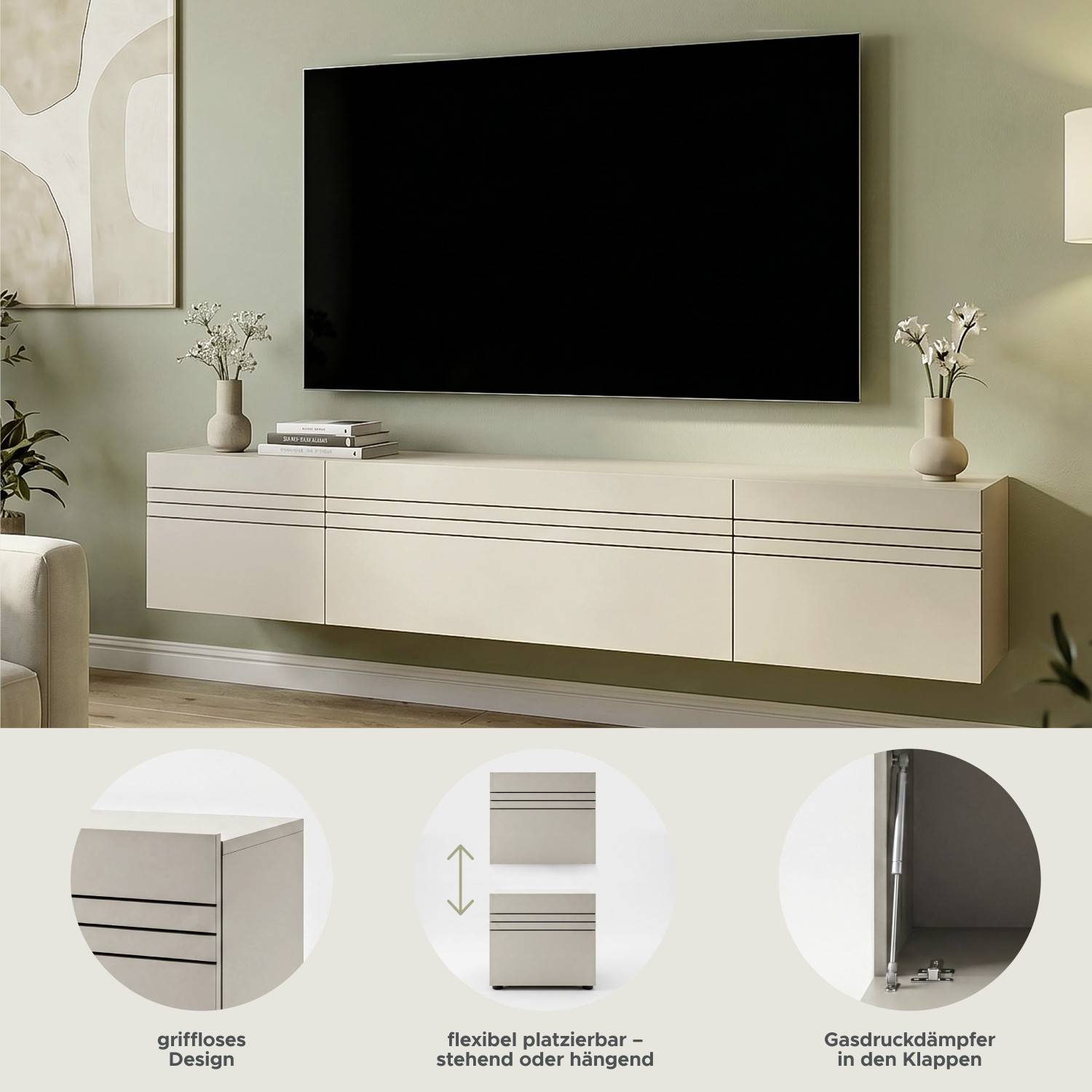 Wandmontierte TV-Wohnwand in Beige mit grifflosen Klappen und flexibler Platzierung – Draguno