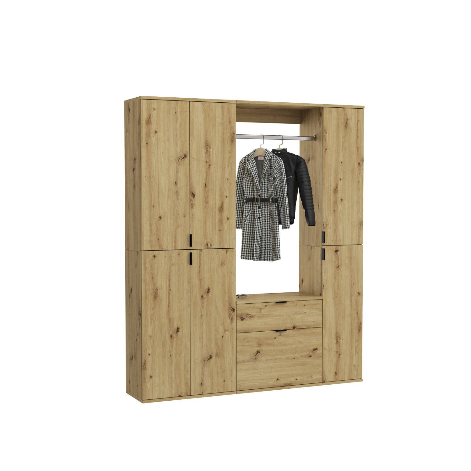 Dreiteiliges Dielenmöbelset in heller Holzoptik mit Garderobenpaneel, Kleiderstange und Schubladen – Pretty