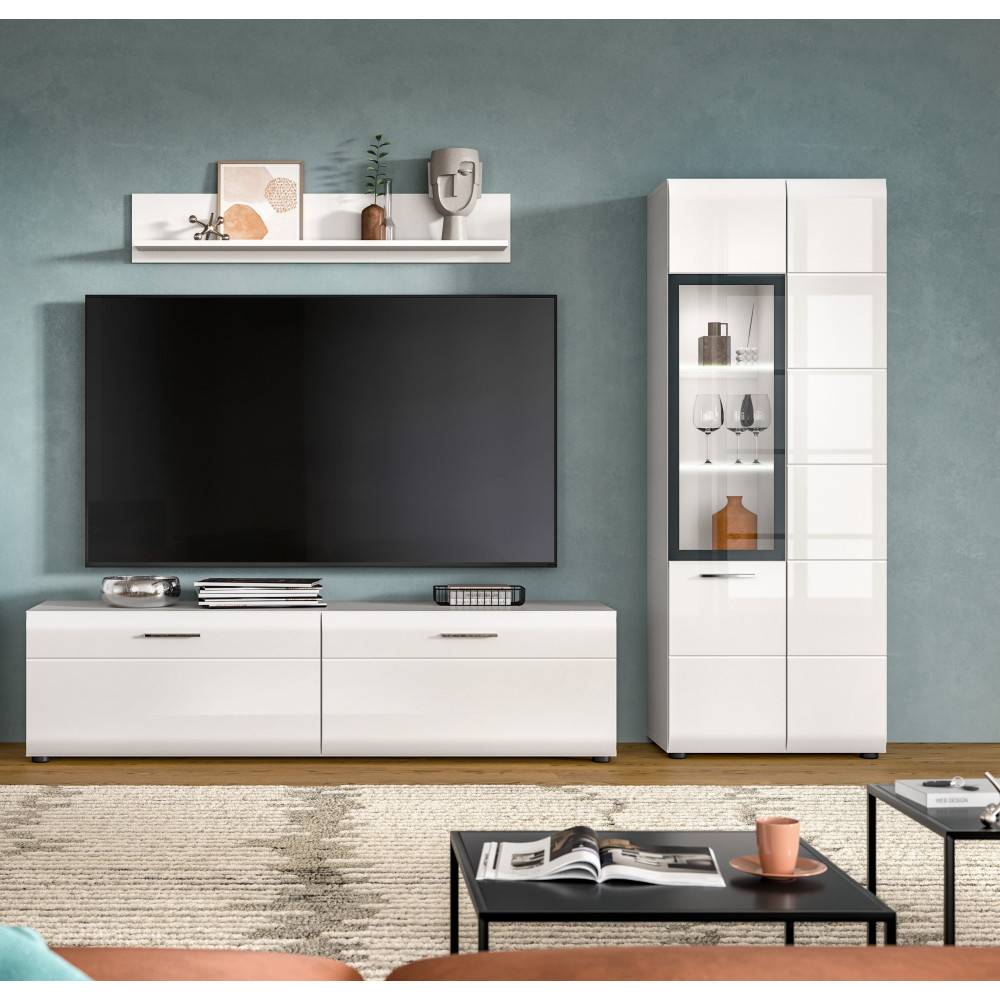 Weiße Wohnzimmermöbel mit TV-Lowboard, Hängeregal und hoher Vitrine in glänzendem Design – Clona