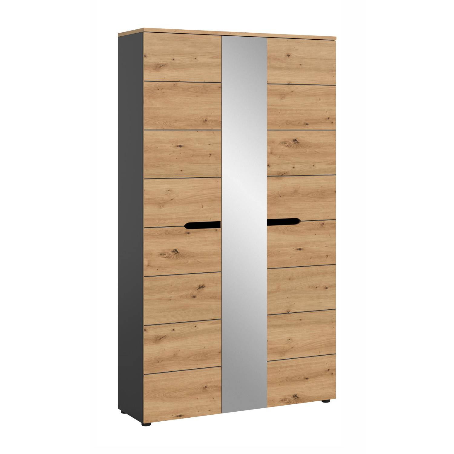 Schmaler Dielenschrank Eiche Graphit mit Spiegelfront und Holzmaserung als Garderobenschrank – Irysma