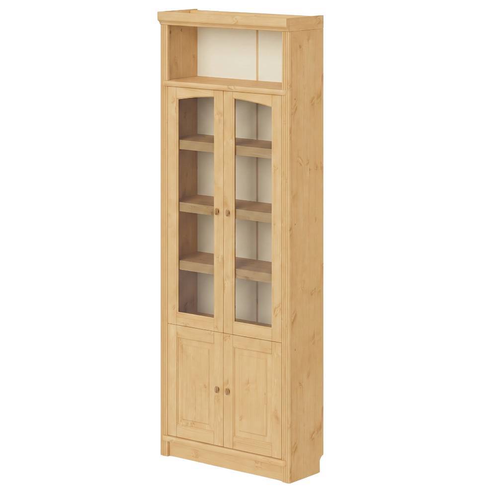 Landhaus Bücherschrank aus massiver Kiefer Natur mit Glastüren und Holztüren für Wohnzimmer – Snog