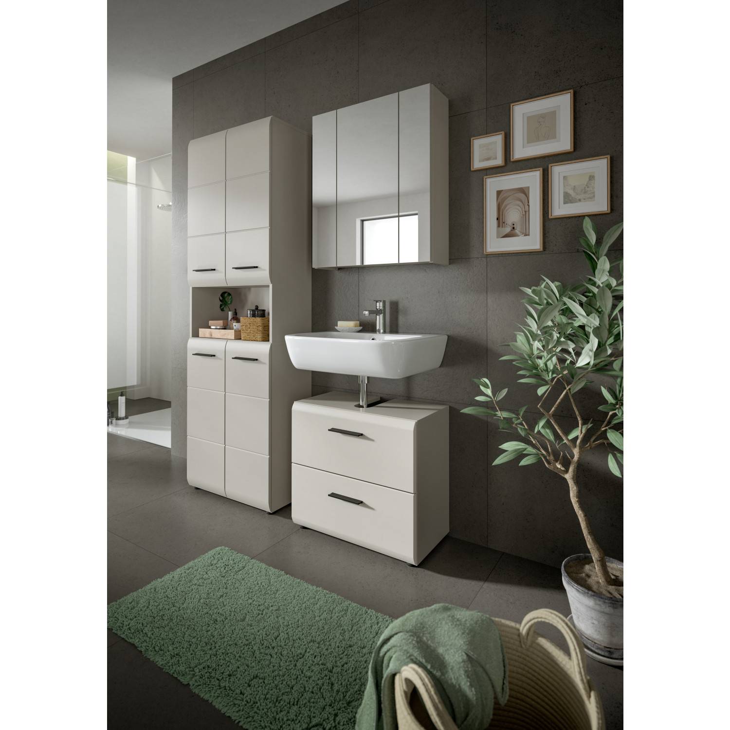 Mattes Waschplatz Set in beige - Donostia (dreiteilig)