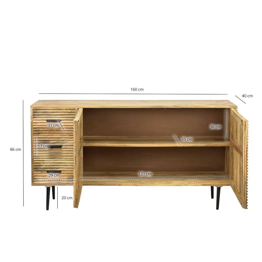 Design-Sideboard aus Mangobaum Massivholz mit Maßen, offenen Türen und Schubladen – Beato