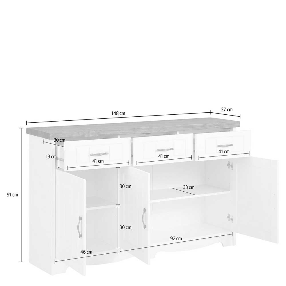 148x91x37 Sideboard in Weiß & Grau aus Kiefer - Ayrinu