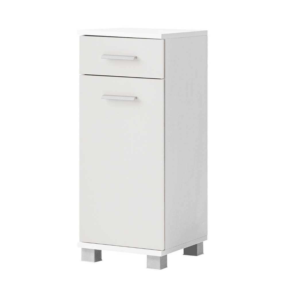 Mattweißer Badschrank mit Schublade, Tür und eleganten silbernen Standfüßen – Hectoss