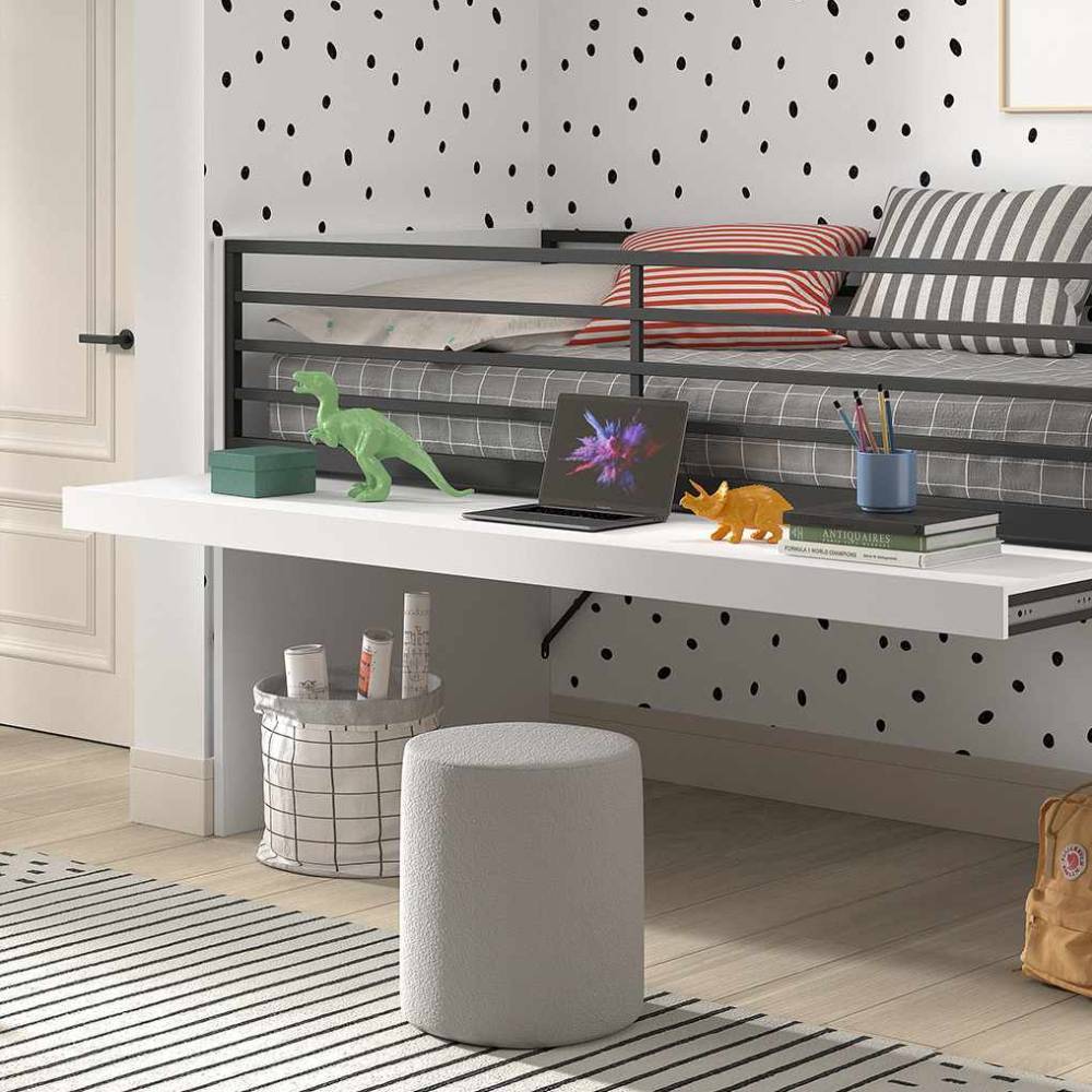Weißes Hochbett mit integriertem Schreibtisch und schwarzem Metallgeländer für das Jugendzimmer – Brasovia