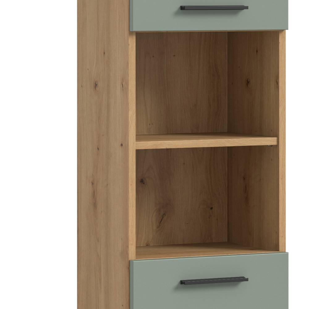 Hochschrank mit mintgrünen Schubladen und offenen Holzregalfächern für Badmöbel Set – Tamdato
