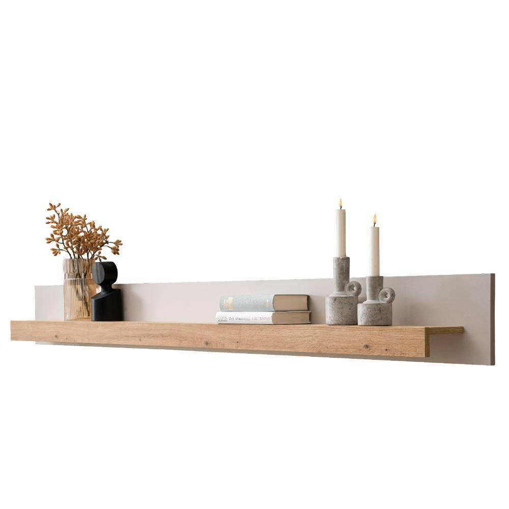 Funktionales Wandboard in Wildeiche Holzoptik mit hellgrauer Rückwand für Wohnaccessoires – Spain