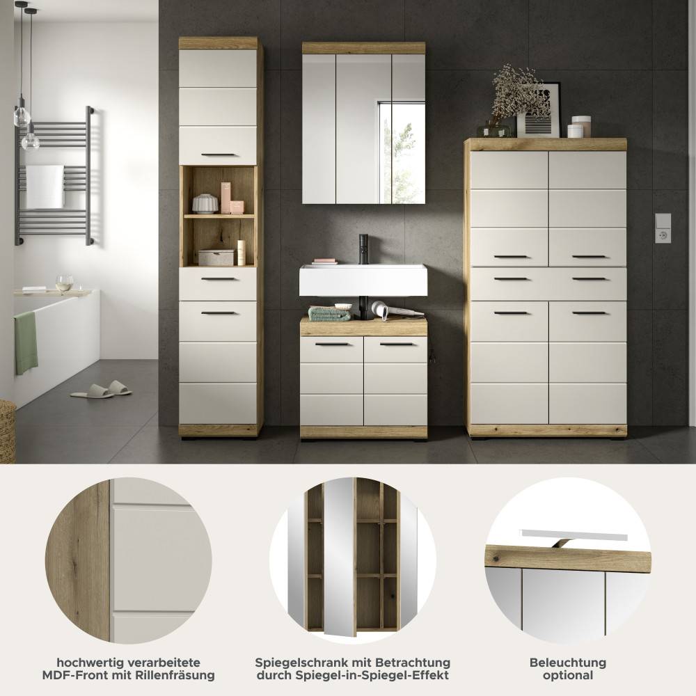 Edle MDF-Fronten mit Rillenfräsung und Spiegelschrank mit Spiegel-in-Spiegel-Effekt für Badmöbel – Casserra