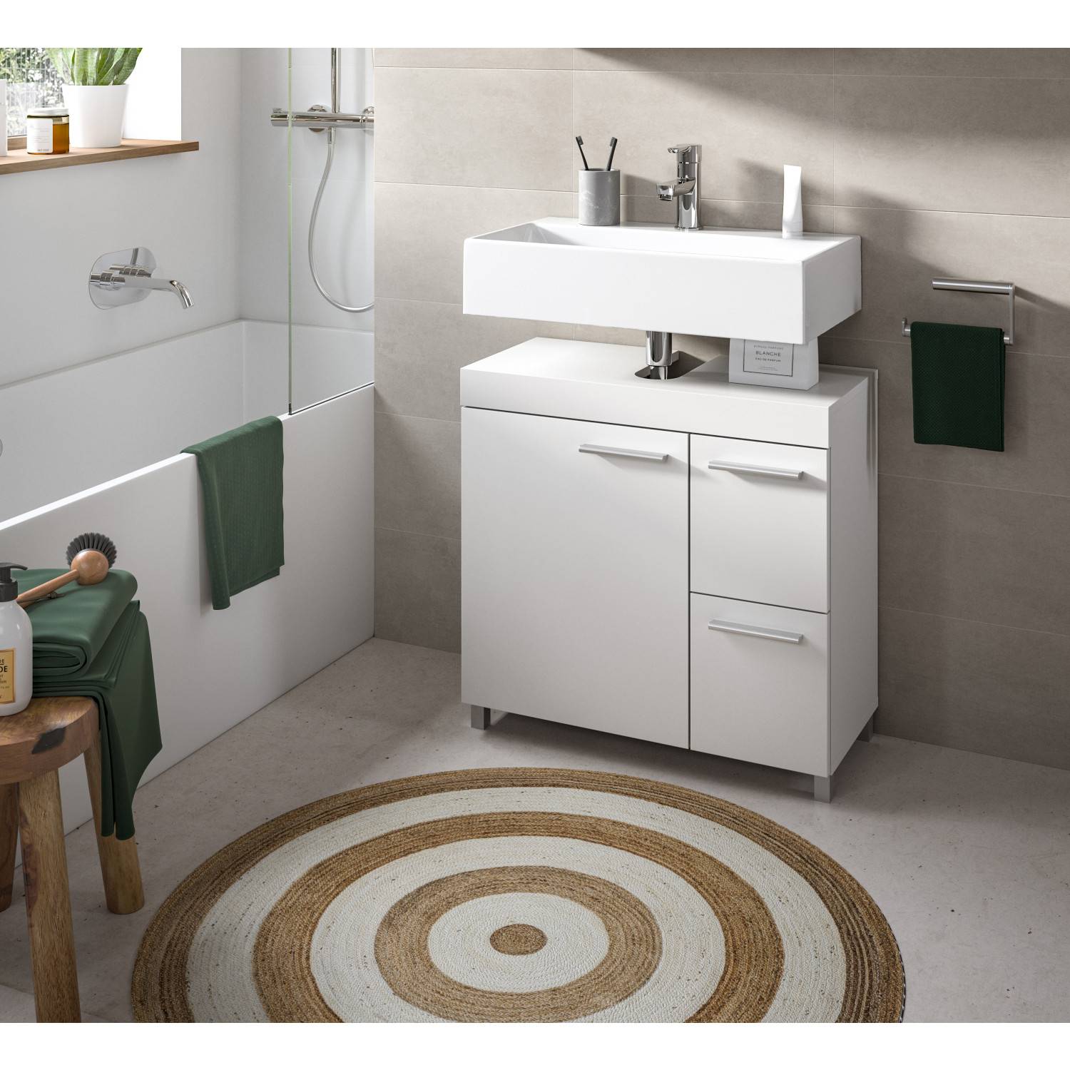 Moderner weißer Waschtischunterschrank mit Waschbecken in einem Badezimmer – Yamescoa