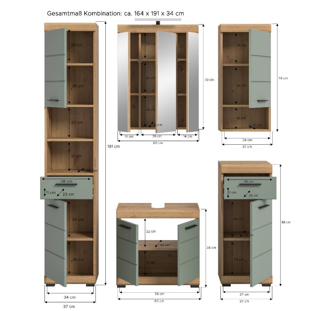 Badezimmer Möbel-Komplettset in Salbei - Tamdato (fünfteilig)