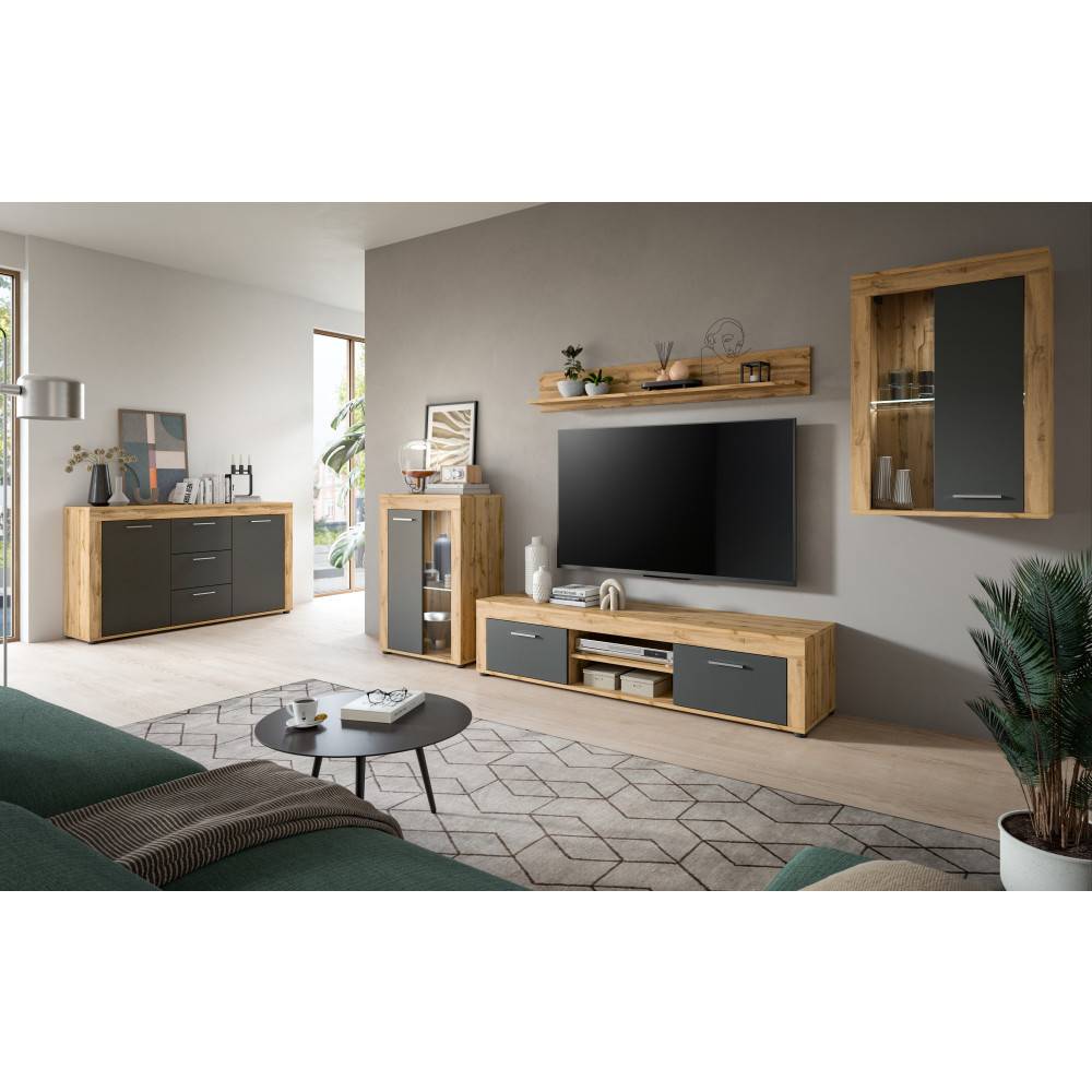 Moderne TV Wohnwand in Eiche Nachbildung und Grau im Wohnzimmer arrangiert – Josie