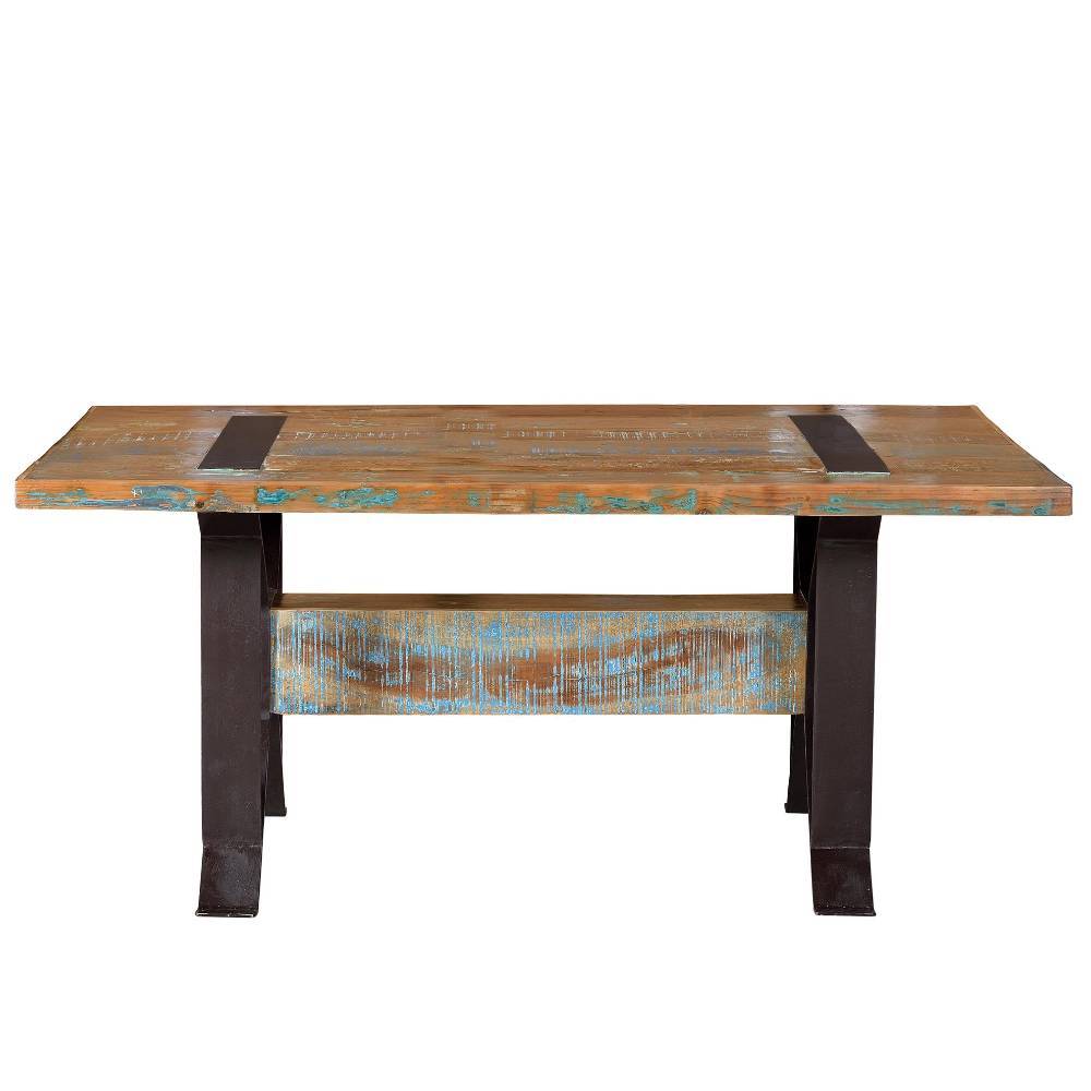 Shabby Chic Esstisch aus Recyclingholz mit blauen Akzenten und dunklem Metallgestell – Fraduno