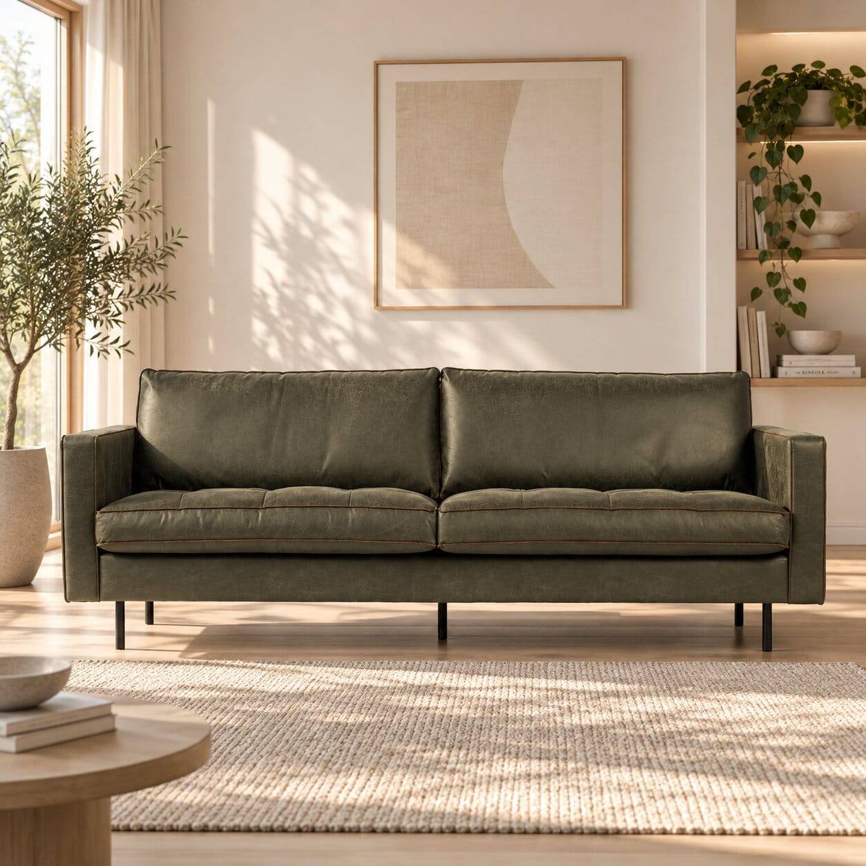 Komfortables Recyclingleder Sofa in Oliv Grün mit schwarzen Metallfüßen für das Wohnzimmer – Desalla