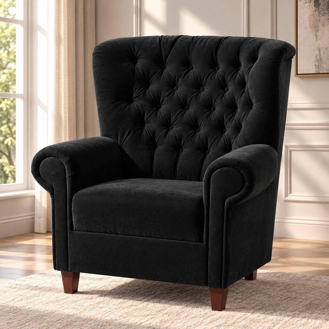 Chesterfield Sessel aus schwarzem Velours - Nikolas