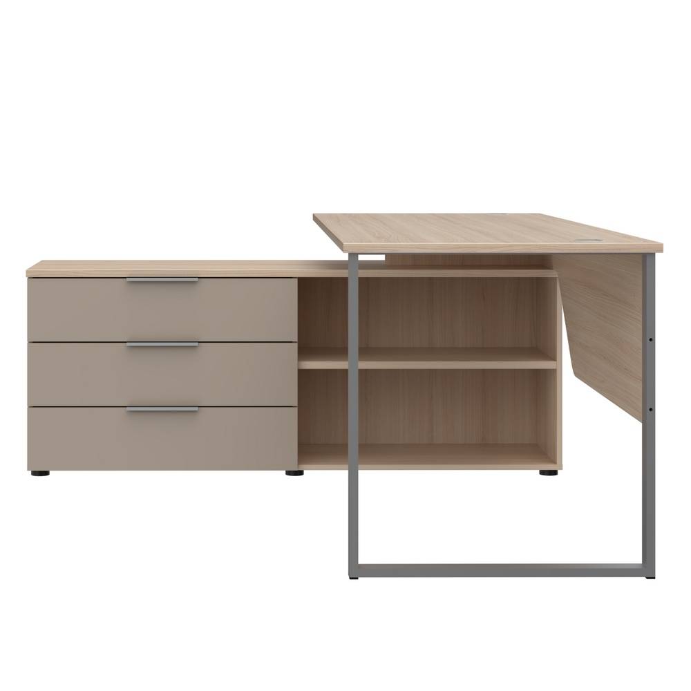 Moderner Schreibtisch mit hellbrauner Holzplatte, grauen Metallfüßen und beigefarbenem Anbauschrank mit Schubladen – Jantala