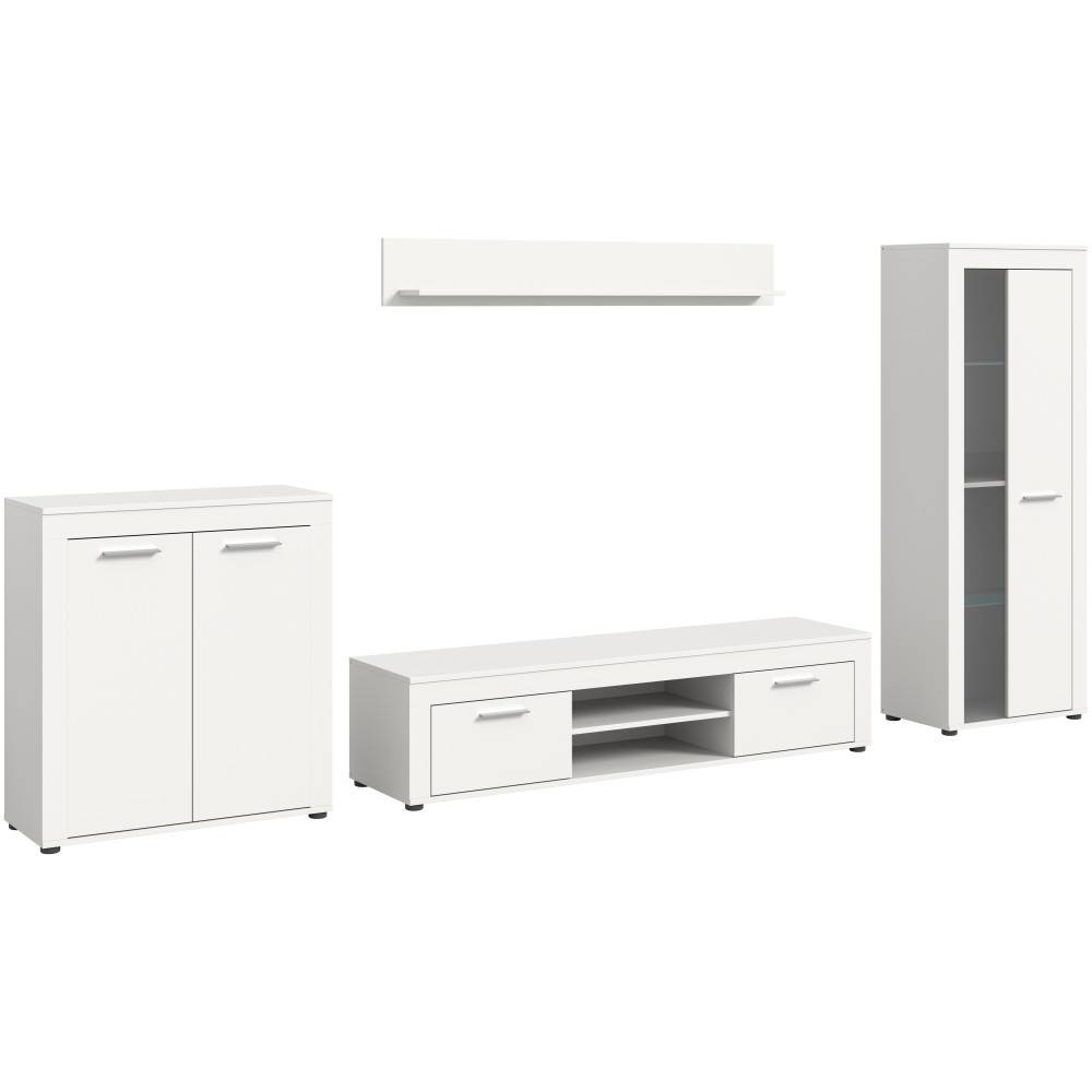 Vier separate weiße Wohnzimmermöbel: Highboard, TV-Element, Wandregal und Vitrine – Furoro