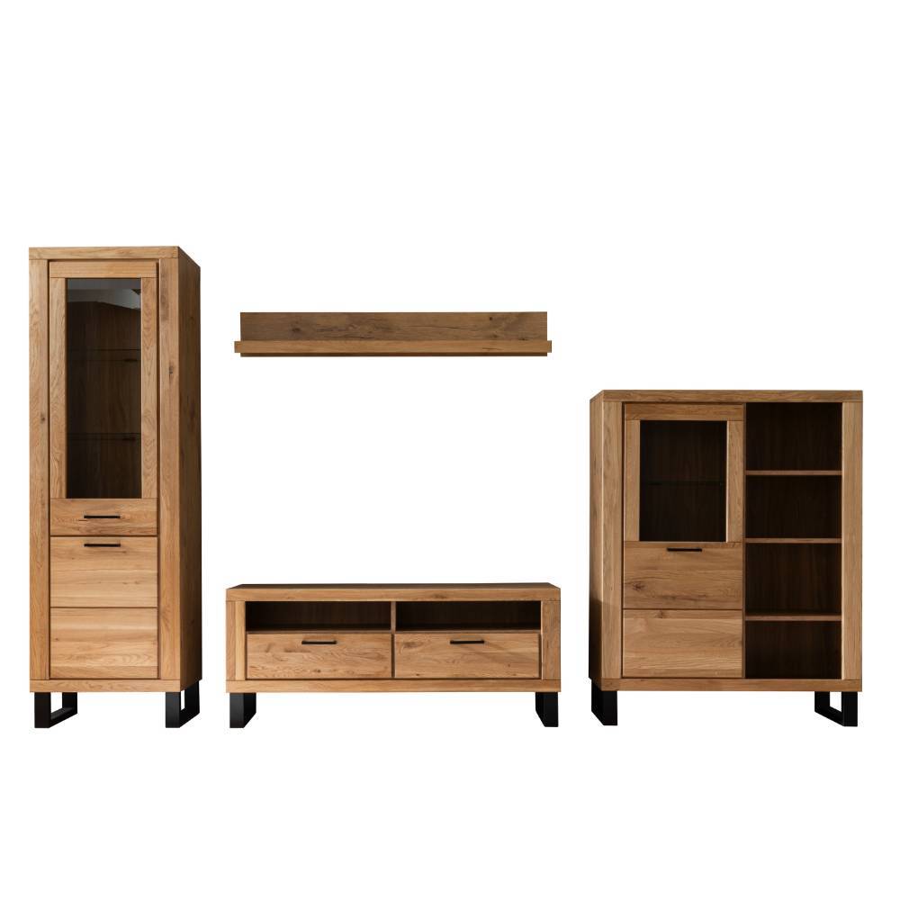 Vierteilige Wohnwand Kombination aus massiver Wildeiche mit Vitrine, TV-Board und Wandregal – Scarlett