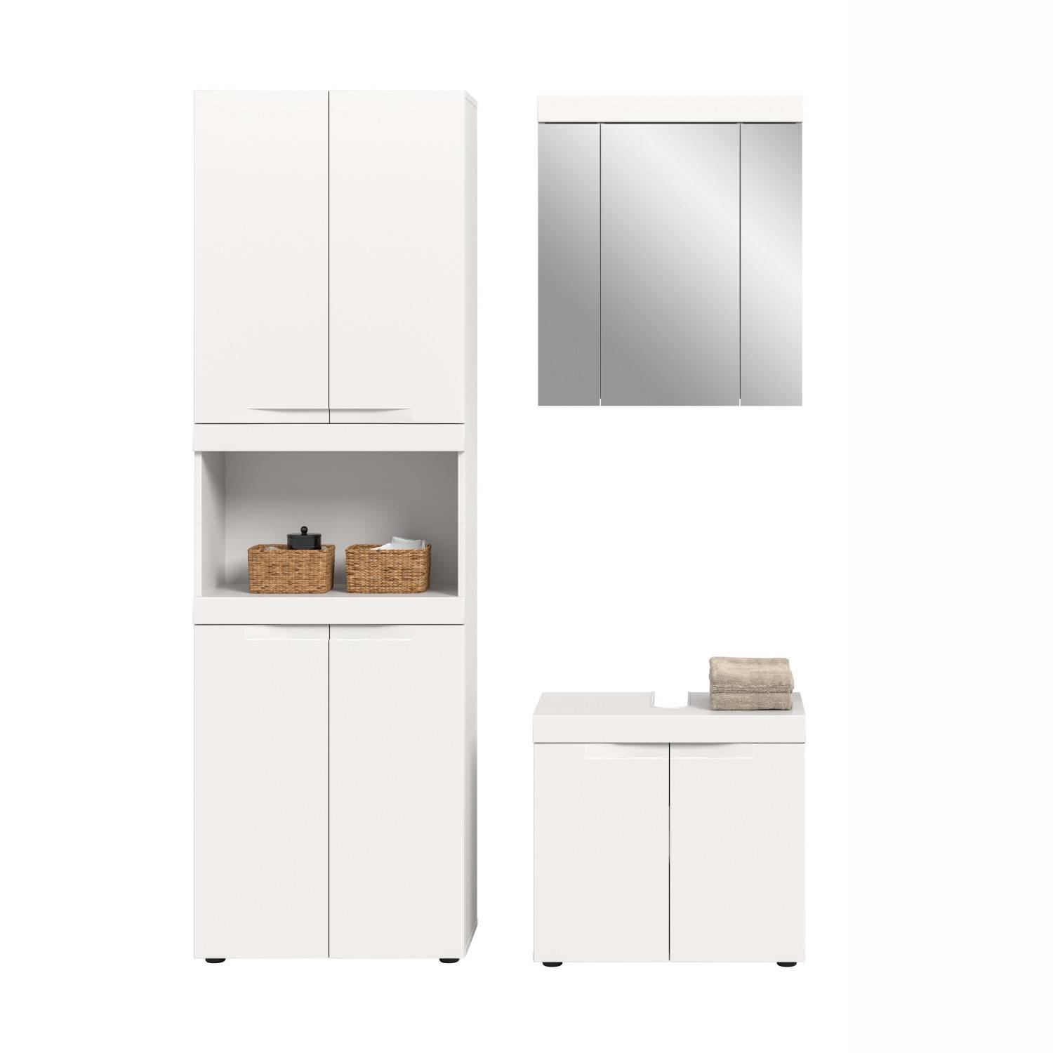 Weißes Badmöbelkomplettset mit Hochschrank - Bruna (dreiteilig)
