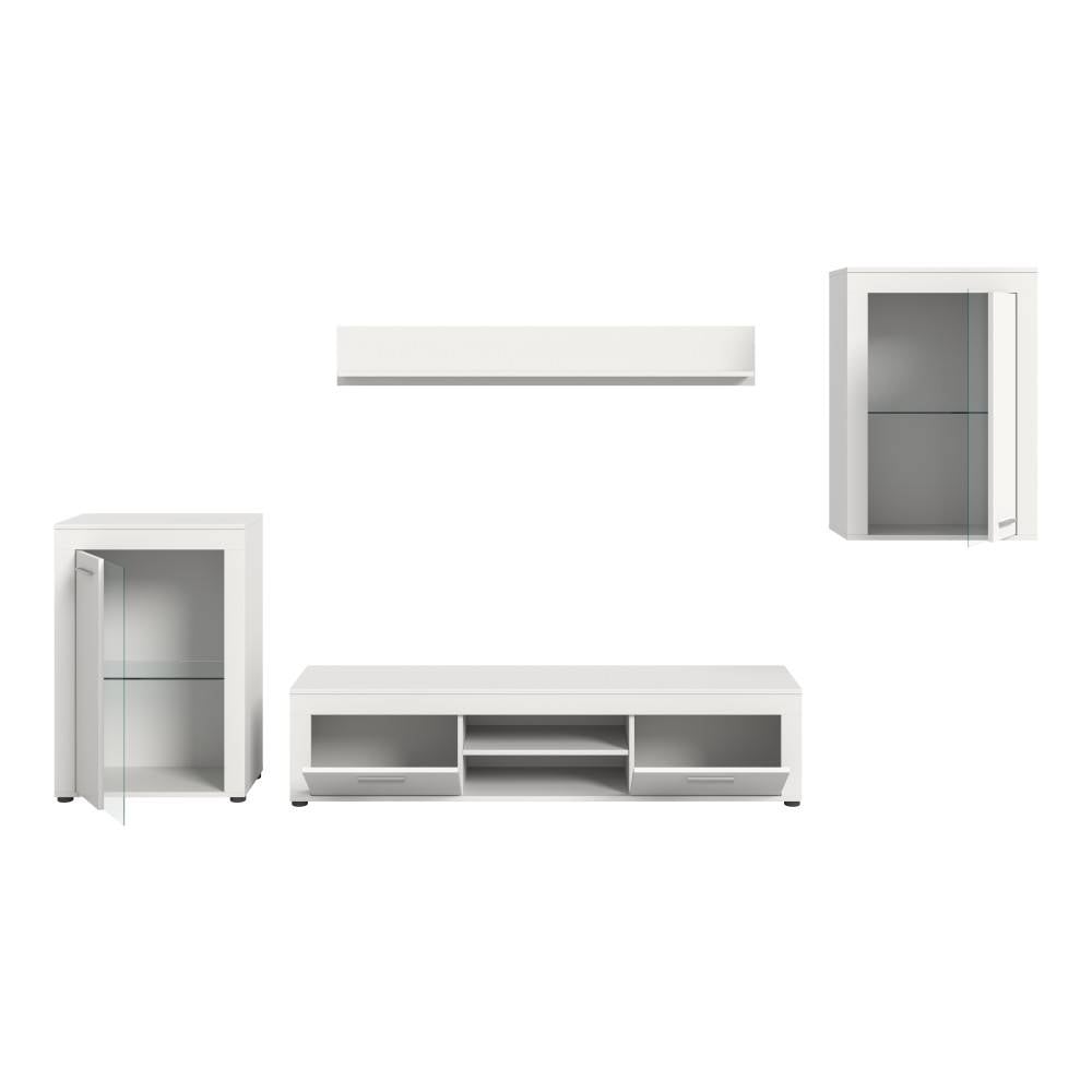 Vierteiliges weißes TV Möbel Set mit Lowboard, Hängeregal und zwei Vitrinen einzeln dargestellt – Furoro