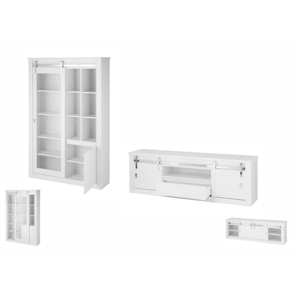 Weißes zweiteiliges Wohnzimmer-Set mit Vitrine und TV-Lowboard, mehrere Ansichten – Memphys