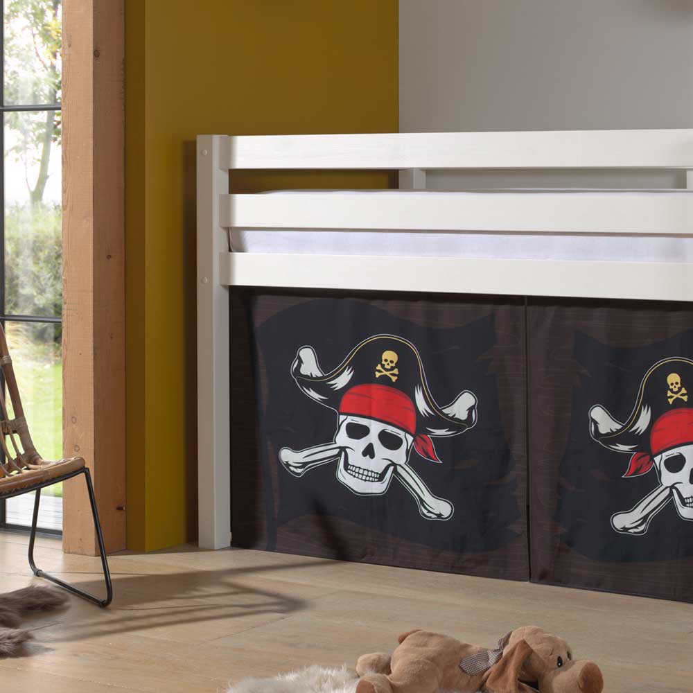 Weißes Piraten Hochbett mit Vorhang in Schwarz - Paisly