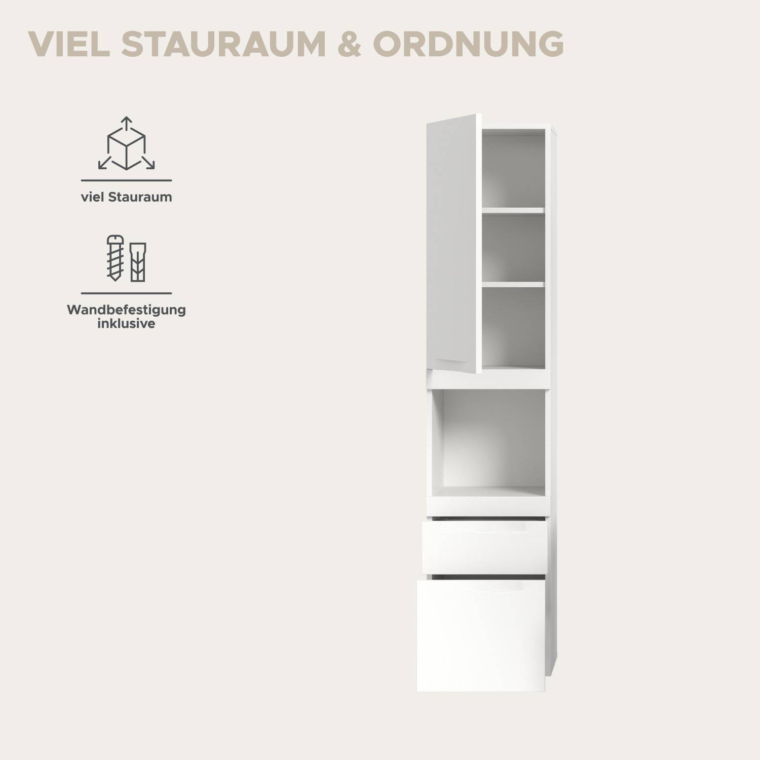 Weißer Badezimmer Hochschrank mit viel Stauraum, offenen Ablagen, Schubfächern und Wandbefestigung – Bruna
