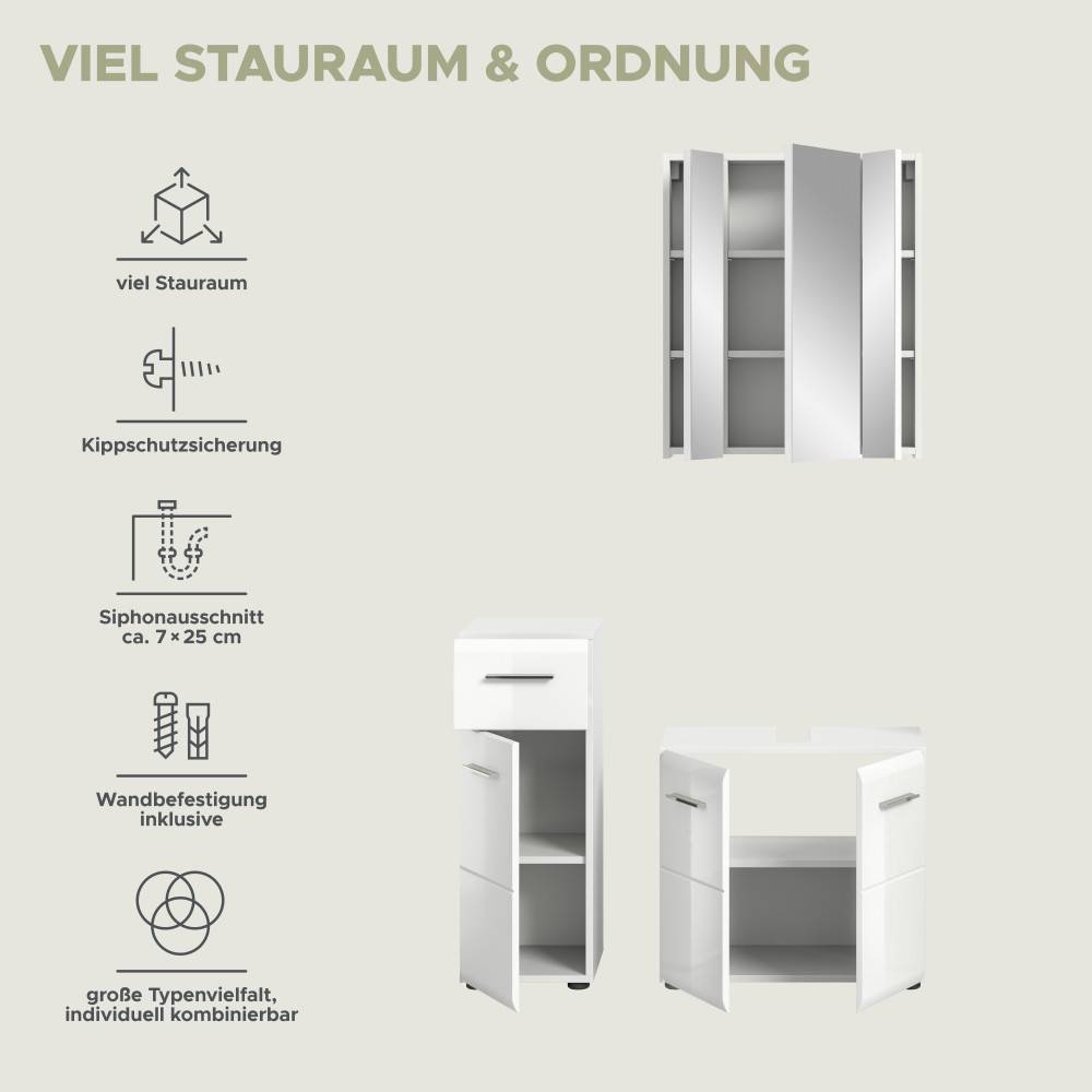 Badmöbelset Clona mit viel Stauraum, Kippschutz, Siphonausschnitt und Wandbefestigung – Clona