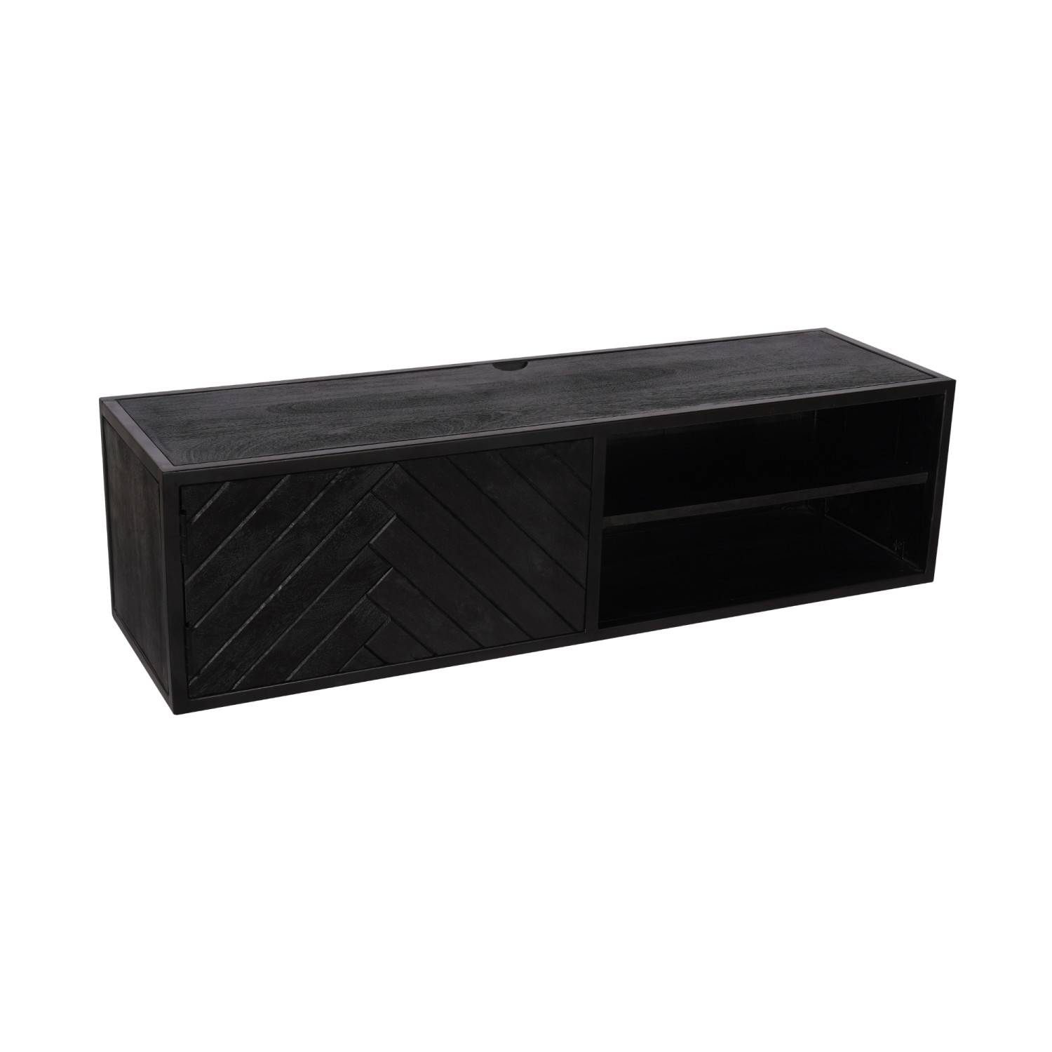 Schwarzes TV Lowboard aus Mangoholz mit Herringbone-Muster und offenen Fächern für das Wohnzimmer – Lida