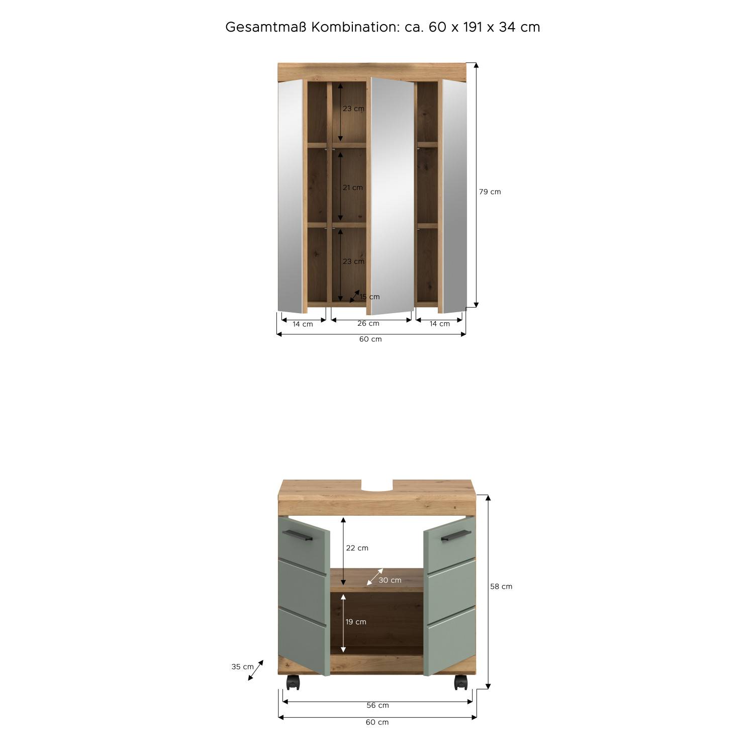 Waschplatz Set mit geöffnetem Spiegelschrank und Unterschrank, Maße und Abmessungen – Tamdato